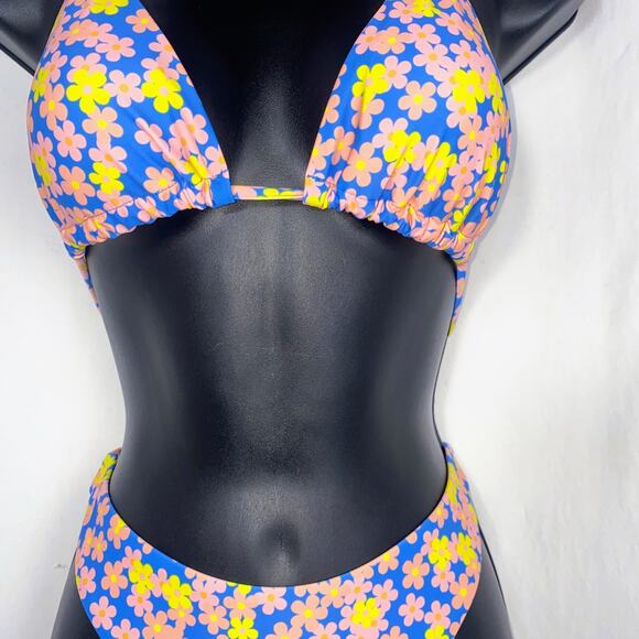 New Medium Floral Daisy Blue Print Triangle Bikini Halter Triangle Swimsuit Y2k - Picture 3 of 4